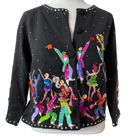 Michael Simon Cardigan Wearable Art Broadway Dancers Sequins Size Medium Vintage - Picture 1 of 12